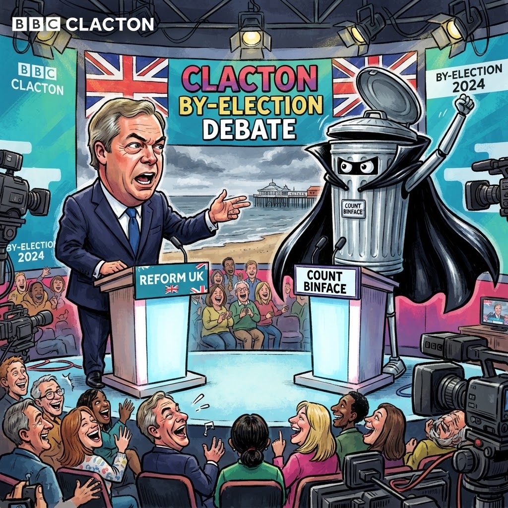 Cartoon of Nigel Farage debating Count Binface at the Clacton by-election, with a bin-caped challenger on stage