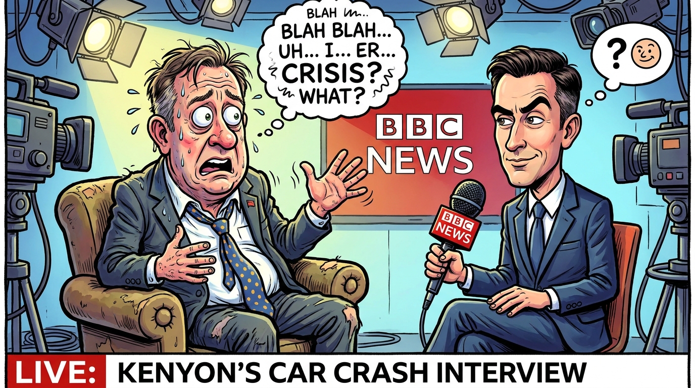 Caricature of a sweating Robert Kenyon stammering opposite a calm Chris Mason on a BBC News set, captioned LIVE: Kenyon's car crash interview